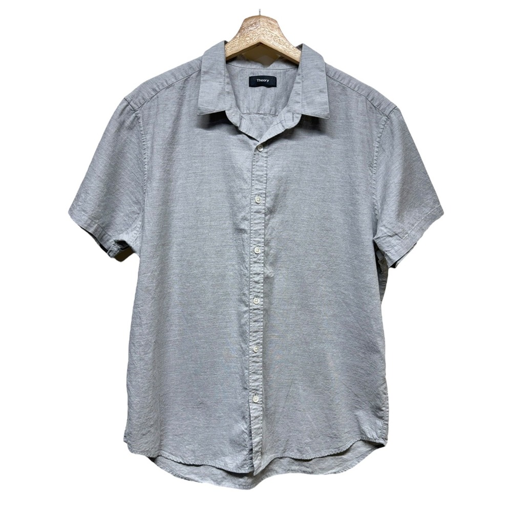 Theory Mens Button Up Sz XL Gray Zack Short Sleeve Shirt Preppy Cotton‎